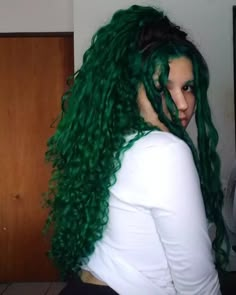 Garota branca de cabelos verdes volumosos tamanho médio vestindo uma blusa branca e olhando diretamente para a câmera Green Wavy Hair, Green Curly Hair, Hair Inspo Curly, Mha Headcanons, Crazy Hair Ideas, Hair Dye Styles, Pink Hair Streaks