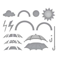 a set of cut outs that include umbrellas, clouds and sunbursts