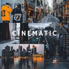 a collage of photos with the words cinematic on them and buildings in the background