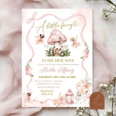 a little fairy is on her way birthday party card with pink flowers and a mushroom