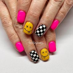 Electric Pink Nails, Neon Pink Nail Designs, Neon Pink And Black Nails, Vibrant Pink Nails, Neon Pink Nails Art, Neon Pink Nail, Sports Nails, Face Nails