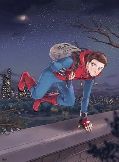 a man dressed as spider - man flying over a city at night with his back to the camera