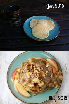 two plates with pancakes and apple slices on them