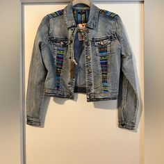 Chiqle Brand Serape Denim Jacket Nwt Size Small Measurements Included In Photos Casual Multicolor Denim Jacket, Multicolor Denim Jacket For Fall, Fall Multicolor Denim Jacket, Multicolor Denim Jacket With Pockets For Fall, Multicolor Denim Jacket For Spring, Fitted Recycled Denim Jacket For Fall, Spring Multicolor Denim Jacket, Multicolor Denim Winter Outerwear, Multicolor Cotton Denim Jacket Casual