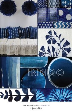 indigo blue and white collage with the word indigo on it