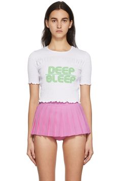 Pushbutton: White 'Deep Sleep' Cropped T-Shirt | SSENSE Satin T Shirt, Cropped T Shirt, Cropped Tee, Deep Sleep, Crop Tshirt, Girls Long Sleeve, Crop Tee, Cheer Skirts, Apparel Accessories