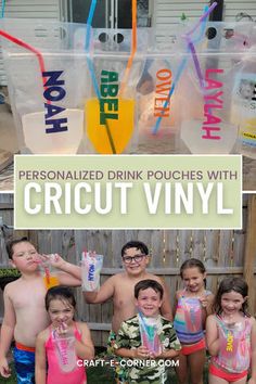 a group of kids standing in front of a plastic bag filled with drinks and straws