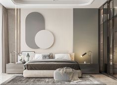 a bedroom with a large bed in the middle and a round mirror on the wall