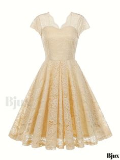 Bjux - Elegantly Designed Solid Contrast Lace Dress with V-Neck and Cap Sleeves - A Perfect Addition to Womens Party Wear Collection Beige Vintage V-neck Dress, Vintage V-neck Cocktail Dress, Retro V-neck Wedding Dress, Vintage V-neck Wedding Dress, Fitted Beige V-neck Dress With Short Sleeves, Beige V-neck Retro Dress, Retro Beige V-neck Dress, Elegant Fitted V-neck Dress For Garden Party, Vintage Lace V-neck Dresses