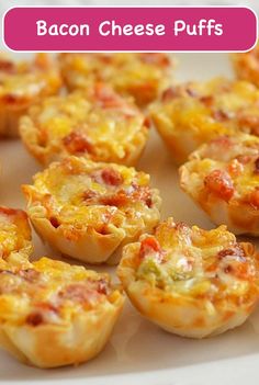 bacon cheese puffs on a white plate with the words bacon cheese puffs above it