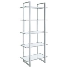 a white shelving unit with glass shelves