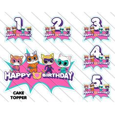 happy birthday cake toppers with cartoon cats and numbers for each one's age