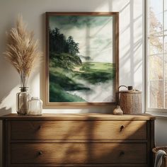 a painting hanging on the wall next to a dresser