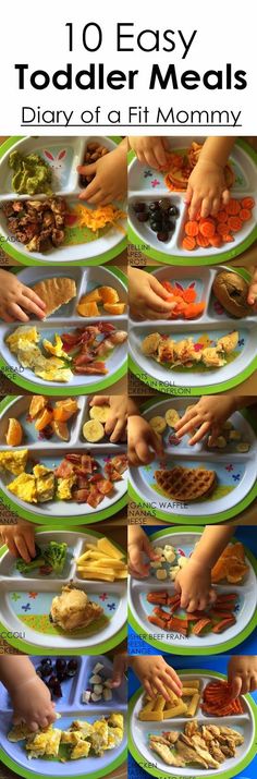 a collage of images showing different foods on plates with hands reaching for them to eat