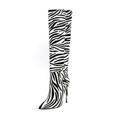 Shop Zebra-stripe Printed Pointed Toe Stiletto Heels Knee High Boots color White Black for Anniversary, Going out, Hanging out with worldwide Free shipping & Free return. Zebra Print Boots, Zebra Shoes, Knee High Boots Dress, Animal Print Boots, Animal Teeth, Teeth Shape, Catwalk Fashion, Womens Stilettos, Boot Print