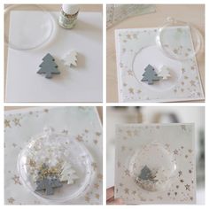 four different pictures of christmas cards with silver and gold stars on them, one has a small tree in the middle