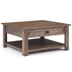 a wooden coffee table with one drawer on the bottom and two shelves below it, against a white background