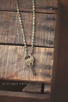 Initial Key Necklace | Personalized Hand Stamped Vintage Repurposed Anniversary Gifts for Her Vintage Hand Stamped Jewelry For Everyday, Vintage Everyday Necklace, Key Necklaces, Key Necklace Vintage, Anniversary Gifts For Her, Vintage Repurposed, Brown Jewelry, Cotton Drawstring Bags, Vintage Keys