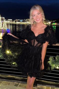 Sweetheart Black Short Dress with Puff Sleeves Lavender Short Dress, Sheer Corset, Short Formal Dress, Dress With Puff Sleeves, Winter Formal Dresses, Junior Prom Dresses, Short Party Dress, Corset Bodice, A Line Shorts