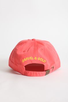 100% Cotton Baseball Cap, made in China One size Embroidered in San Francisco. Original design by Gravel & Gold Trendy Six-panel Hat With Embroidered Logo, Pink Six-panel Cotton Hat, Pink Cotton Six-panel Hat, Embroidered Logo Dad Hat With Flat Bill, Dad Hat With Embroidered Logo And Flat Bill, Pink Baseball Cap With Embroidered Logo, One Size, Pink Dad Hat With Embroidered Logo, Pink Dad Hat With Embroidered Logo, One Size, Summer Dad Hat With Embroidered Logo And Flat Bill