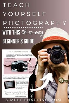 a woman holding up a camera with the words teach yourself photography on it's side