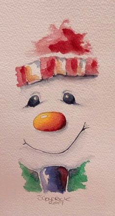 a watercolor painting of a snowman wearing a red and white hat