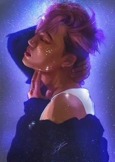 a digital painting of a woman with her hand on her face and stars in the background