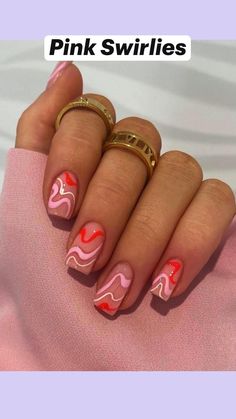 Fun Nails Inspiration, February Gel Nails Short, Pink Gel Manicure Designs, Pretty Nails Design Inspiration, Square Design Nails, Nail Art Ideas For Short Nails, Shirt Nails Designs, Fun Manicure Ideas, Short Fun Nails