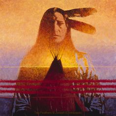 a painting of a native american woman with feathers on her head and the sun in the background