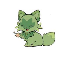 a green cat sitting on the ground with its eyes closed and mouth wide open, holding a flower in it's paws