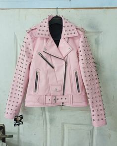 Women Pink Studded Leather Rock Steam Punk Style Biker Jacket, Women Silver Studs Spiked Pink Jacket on Storenvy