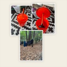 three pictures of red buckets in the woods