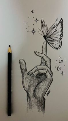 Butterfly On Hand Painting, Butterfly Hand Drawing, Butterfly On Finger Drawing, Stuff To Draw For Your Girlfriend, Sketch Book Doodles Aesthetic, Hand And Butterfly Drawing, Aesthetic Sketches Pencil, Pencil Art Drawings Aesthetic Easy Black, Full Page Drawings Ideas