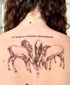 the back of a woman's upper body with two horses on it and an inscription that reads, all things are delicately interconnecteded