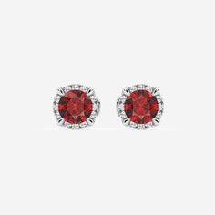 5.1 mm Round Created Ruby and 1/5 ctw Round Lab Grown Diamond Shadow Halo Stud Earrings 14K White Gold Classic Red Diamond Earrings With Brilliant Cut, Classic Red Diamond Earrings With Accents, Classic Red Diamond Earrings, Red Brilliant Cut Earrings For Anniversary, Red Round Diamond Earrings For Formal Events, Red Cubic Zirconia Classic Diamond Earrings, Classic Red Round Diamond Earrings, Formal Red Halo Design Earrings, Red Halo Design Earrings For Formal Occasions