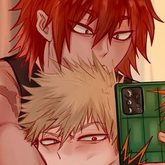 two anime characters one with red hair holding a cell phone