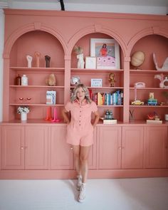 11 Items I Just Bought at Urban Outfitters and Love - Rach Martino Light Pink Bookshelf, Feminine Library Room, Mauve Bookshelf, Pink Built In Bookcase, Pink Built Ins, Pink Shelving, Rach Martino, Arch Bookshelves, Pastel Bookshelf