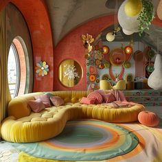 a living room filled with lots of furniture next to a large round window and colorful rugs