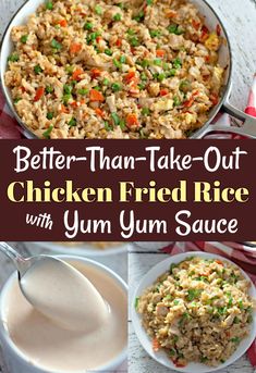 chicken fried rice with yum sauce in a pan