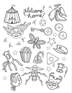 the welcome home coloring page is shown in black and white, with lots of cartoon characters