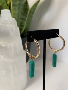 Green Aventurine and Gold small hoops for every Goddess. Green aventurine works well with the heart chakra. These soothing stones affirm emotional calmness and well -being with style. They are also a symbol of luck, abundance, and success. Let your jewelry be intentional. Symbol Of Luck, Be Intentional, Gold And Green, Green Aventurine, Heart Chakra, Chakra, Drop Earrings, Personalized Items, Stone