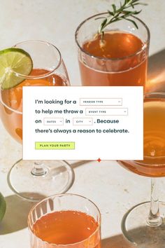 three glasses filled with drinks sitting on top of a table next to lemons and lime slices