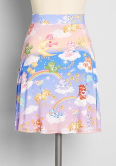 Carebears Jean Skirt, Grumpy Care Bear Makeup, Carebears Skirt, Pink Ombre Background, 80s Style Outfits, Plus Size Vintage Clothing, Designer Plus Size Clothing, Ombre Background, Poodle Skirt