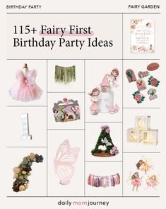 Grid showcasing fairy first birthday party essentials, including outfits, decor, cake toppers, favor bags, balloon garlands, and themed invitations. Fairy Theme Birthday Party, Fairy Theme, Fairy Birthday