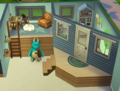 an animated image of a child's bedroom with stairs leading up to the second floor