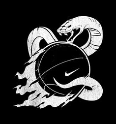 a black and white drawing of a snake holding a basketball