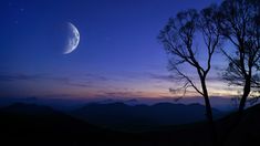 the moon is shining brightly in the night sky over mountains and trees with no leaves on them