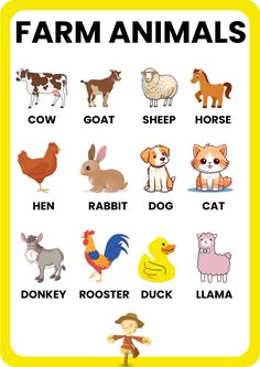 farm animals and their names are shown in this poster for kids to learn how to read them