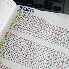 an open notebook with the names and numbers of different types of letters on it next to a computer keyboard