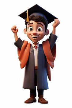 a cartoon boy wearing a graduation gown and holding his arms up in the air with one hand